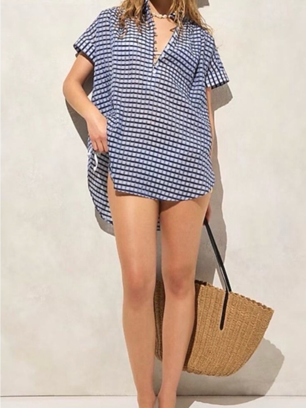 J. Crew Crinkled Gingham Tunic Shirt Beach Dress Coverup Women’s XS